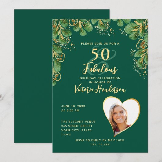 Emerald Green & Gold Greenery 50 en Fab Birthday Kaart (Voorkant / Achterkant)