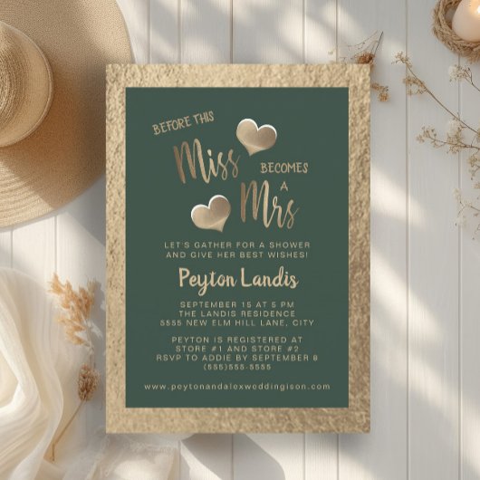 Emerald Green Gold Hearts Miss Mrs Vrijgezellenfee Kaart