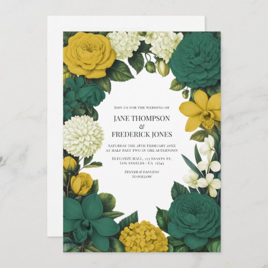 Emerald Green, Gold & Ivory Floral Wedding Kaart (Voorkant / Achterkant)