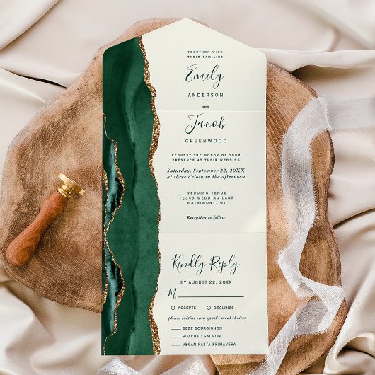 Emerald Green Gold Ivory Meal Options Wedding All In One Uitnodiging