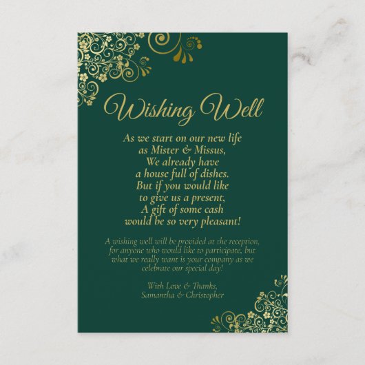 Emerald Green Gold Lace Wedding Wishing Well Poem Informatiekaartje (Voorkant)