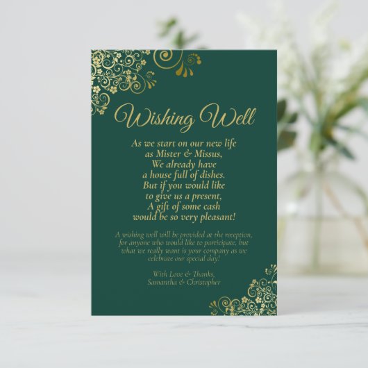Emerald Green Gold Lace Wedding Wishing Well Poem Informatiekaartje (Staand voorkant)