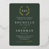 Emerald Green Gold Leaf Simple Monogram Weddenscha Folie Uitnodiging (Voorkant)