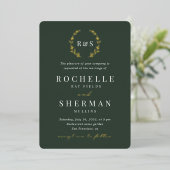 Emerald Green Gold Leaf Simple Monogram Weddenscha Folie Uitnodiging (Staand Voorkant)