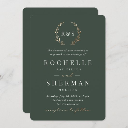 Emerald Green Gold Leaf Simple Monogram Weddenscha Kaart (Voorkant / Achterkant)