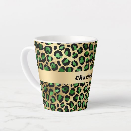 Emerald green gold leopard cheetah patroonnaam latte mok (Linkerhoek)