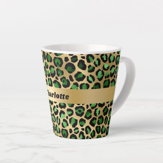 Emerald green gold leopard cheetah patroonnaam latte mok (Rechterhoek)