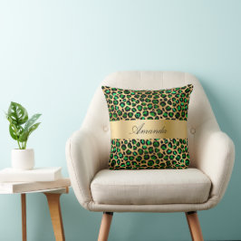 Emerald green gold leopard name elegant script kussen