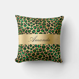 Emerald green gold leopard name elegant script kussen