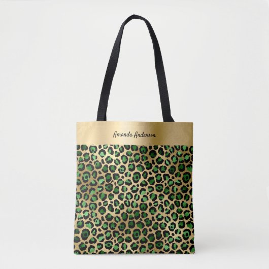 Emerald green gold leopard patroonnaam tote bag (Voorkant)