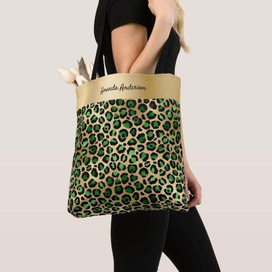 Emerald green gold leopard patroonnaam tote bag (Dichtbij)
