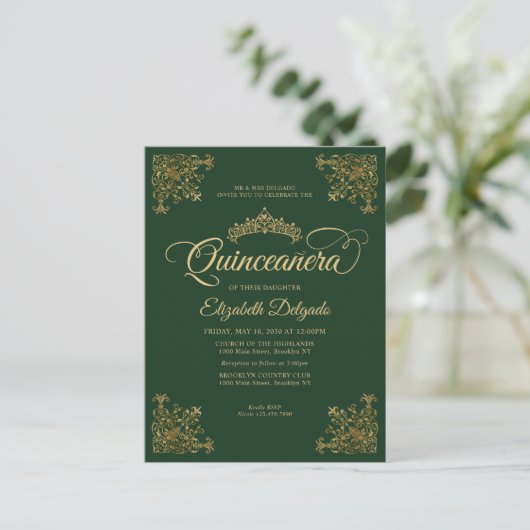  Emerald Green Gold Lijst Tiara Quinceanera Briefkaart (Staand voorkant)