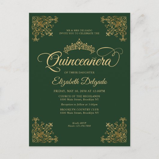 Emerald Green Gold Lijst Tiara Quinceanera Briefkaart (Voorkant)