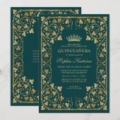  Emerald Green Gold Lijst Tiara Quinceanera Kaart (Voorkant / Achterkant)