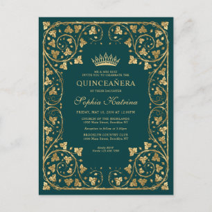  Emerald Green Gold Lijst Tiara Quinceanera Uitnodiging Briefkaart