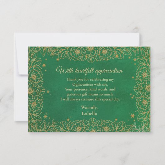 Emerald Green Gold Line Art Floral Quinceañera Bedankkaart (Voorkant)