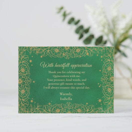 Emerald Green Gold Line Art Floral Quinceañera Bedankkaart (Staand voorkant)