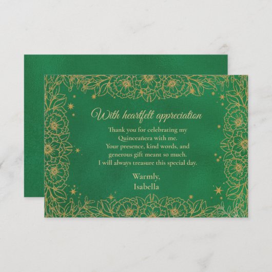 Emerald Green Gold Line Art Floral Quinceañera Bedankkaart (Voorkant / Achterkant)