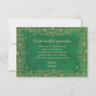 Emerald Green Gold Line Art Floral Quinceañera Bedankkaart