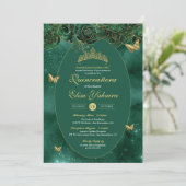 Emerald Green Gold Luxury Butterfly Quinceanera Kaart (Staand voorkant)