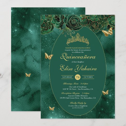 Emerald Green Gold Luxury Butterfly Quinceanera Kaart (Voorkant / Achterkant)