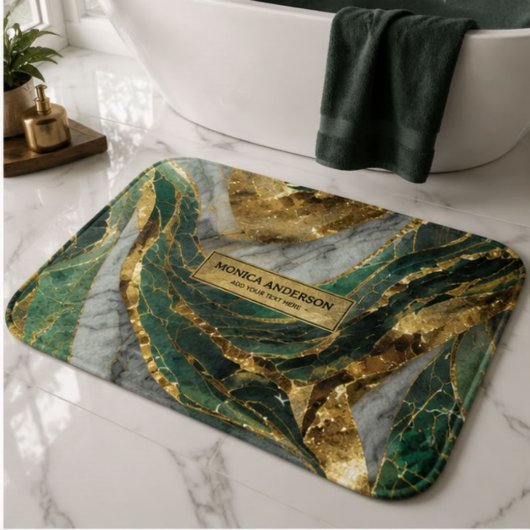 Emerald Green Gold Marble Metallic Luxury Geode Badmat