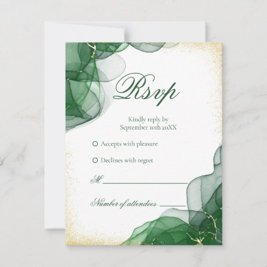 Emerald Green Gold Marble White Wedding RSVP Card Kaartje (Voorkant)