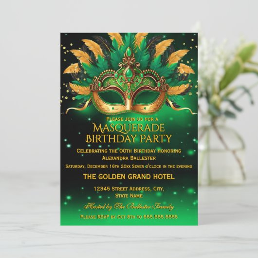 Emerald Green Gold Masks Masquerade Birthday Party Kaart (Staand voorkant)