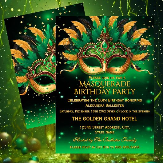 Emerald Green Gold Masks Masquerade Birthday Party Kaart