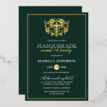Emerald Green & Gold Masquerade Sweet 16 Party Folie Uitnodiging<br><div class="desc">Emerald Green & Gold Masquerade Sweet 16 Party Folie Invitations. Met een gouden folie masker bovenaan tegen een groene achtergrond. Ideaal voor een modern,  maar stijlvol 16-jarig feest!</div>