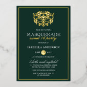 Emerald Green & Gold Masquerade Sweet 16 Party Folie Uitnodiging (Voorkant)