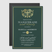 Emerald Green & Gold Masquerade Sweet 16 Party Magnetische Uitnodiging (Voorkant / Achterkant)