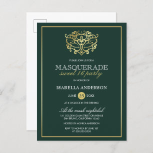 Emerald Green & Gold Masquerade Sweet 16 Party Uitnodiging Briefkaart