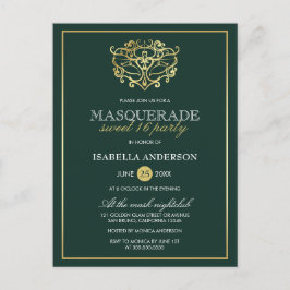 Emerald Green & Gold Masquerade Sweet 16 Party Uitnodiging Briefkaart