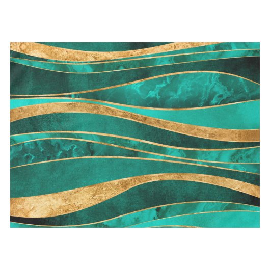 Emerald Green Gold Metallic Wavy Abstract Tafelkleed (Voorkant (Horizontaal))