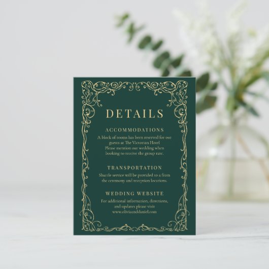 Emerald Green Gold Minimalist Wedding Details Kaart (Staand voorkant)