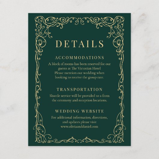 Emerald Green Gold Minimalist Wedding Details Kaart (Voorkant)