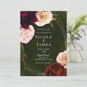 Emerald Green & Gold Modern Dark Floral Wedding Kaart (Staand voorkant)