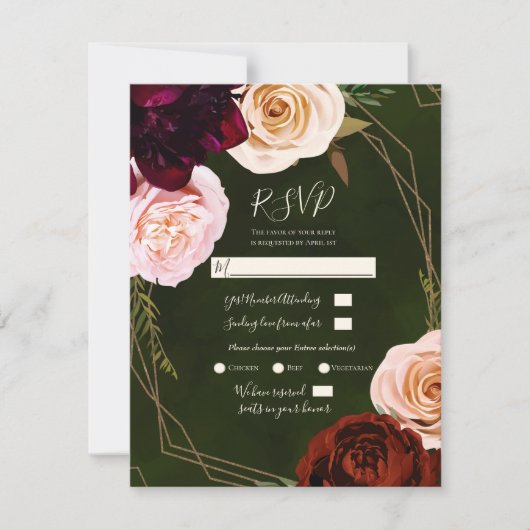 Emerald Green Gold Modern Dark Floral Wedding RSVP Kaart (Voorkant)