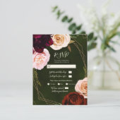 Emerald Green Gold Modern Dark Floral Wedding RSVP Kaart (Staand voorkant)