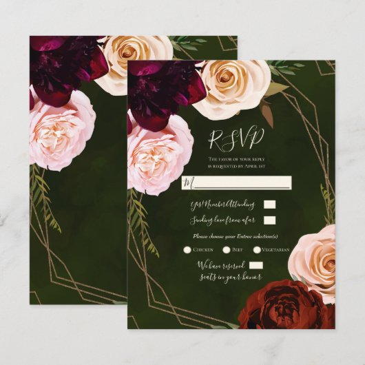 Emerald Green Gold Modern Dark Floral Wedding RSVP Kaart (Voorkant / Achterkant)