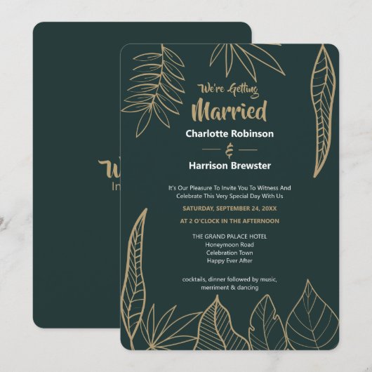 Emerald Green Gold Modern Drawn Leaves Wedding Kaart (Voorkant / Achterkant)