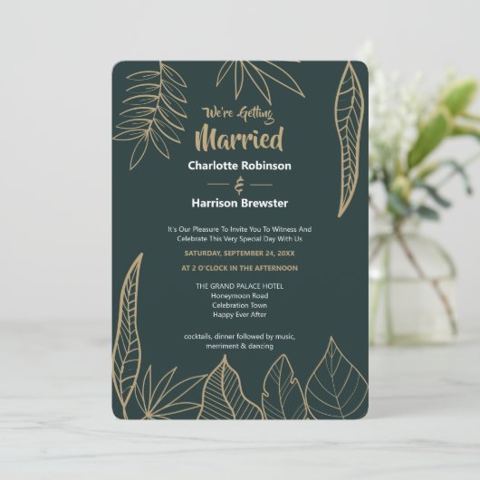 Emerald Green Gold Modern Drawn Leaves Wedding Kaart (Staand voorkant)