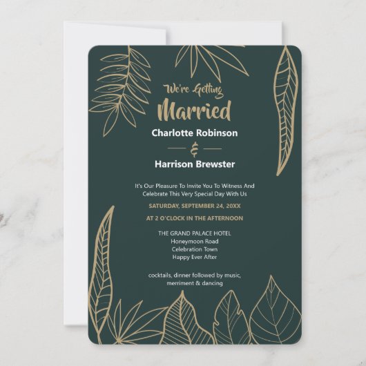 Emerald Green Gold Modern Drawn Leaves Wedding Kaart (Voorkant)