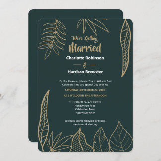 Emerald Green Gold Modern Drawn Leaves Wedding Kaart