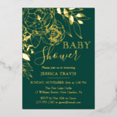 Emerald Green & Gold Modern Floral Baby shower Folie Uitnodiging (Voorkant)