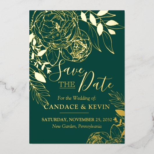 Emerald Green & Gold Modern Floral Save the Date Folie Uitnodiging (Voorkant)