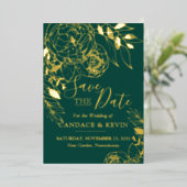 Emerald Green & Gold Modern Floral Save the Date Folie Uitnodiging (Staand Voorkant)