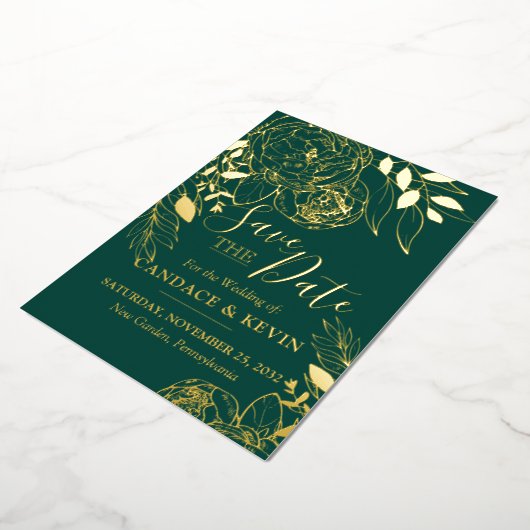 Emerald Green & Gold Modern Floral Save the Date Folie Uitnodiging (Gedraaid)