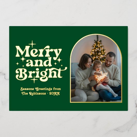 Emerald Green & Gold Moderne Retro Kerstfoto Folie Feestdagenkaart (Voorkant)